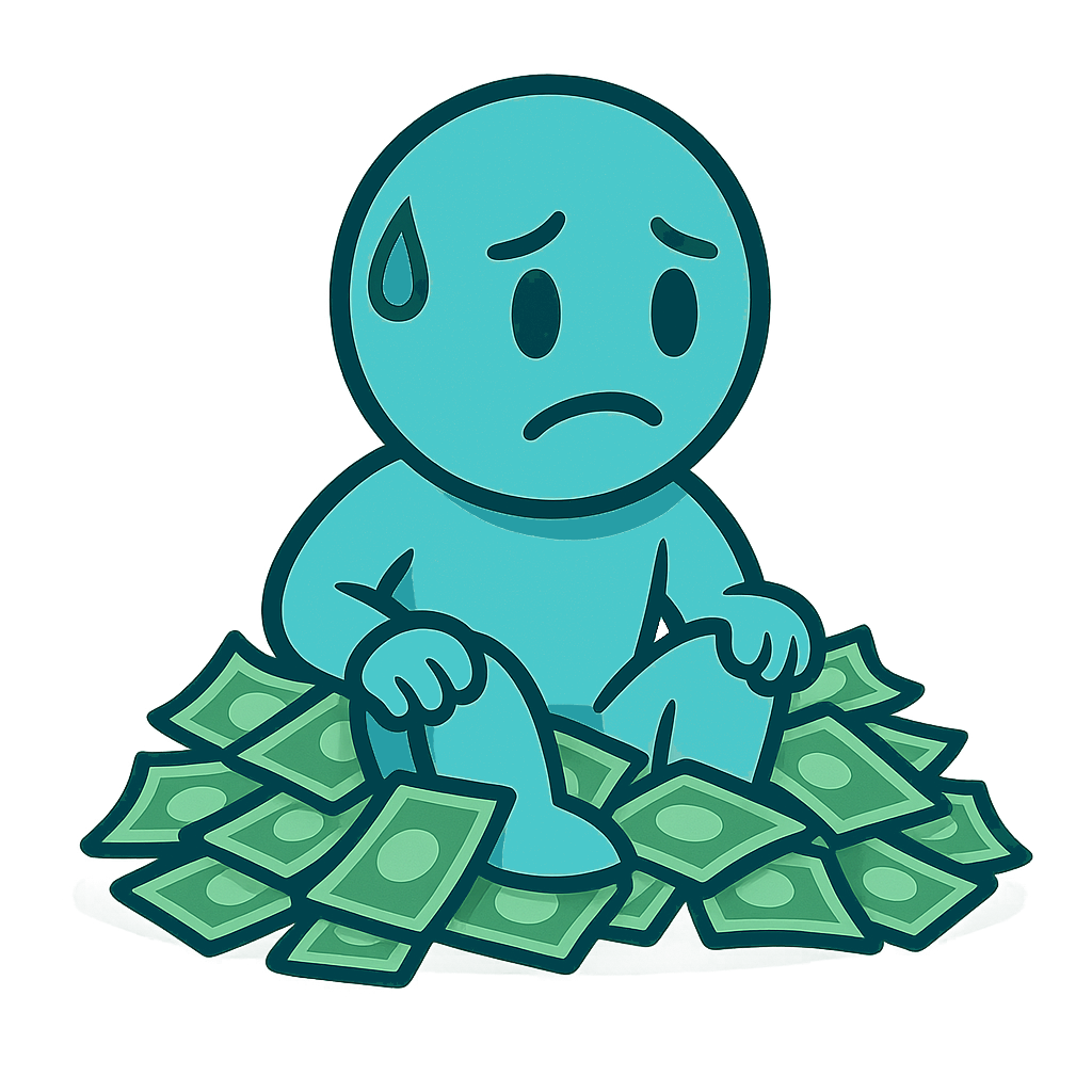 Kinetic Boy worried in pile of cash