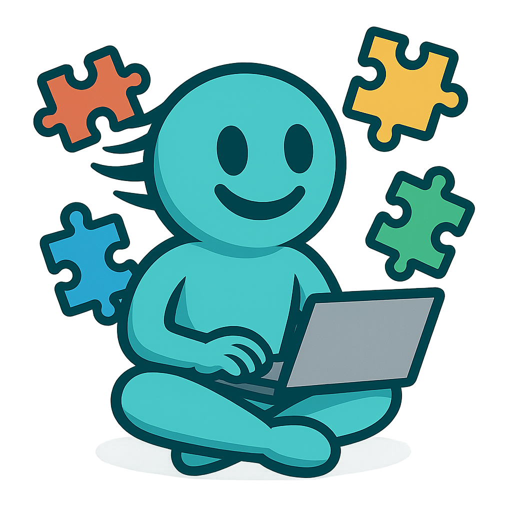 Kinetic Boy sitting with laptop and puzzle pieces around his head